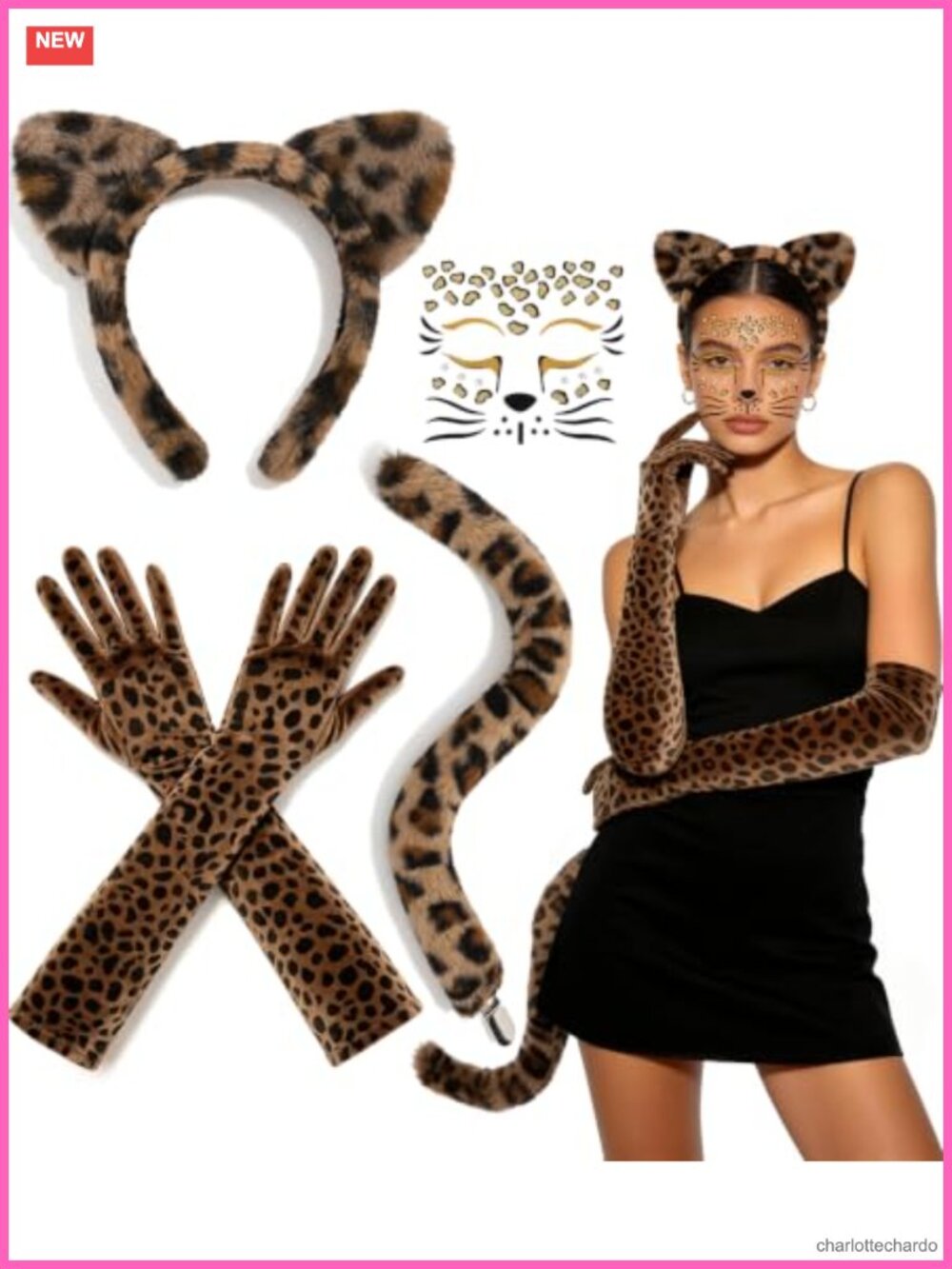Leopard Costume Accessory Set: Plush Ears Headband, Tail, Gloves, Stickers